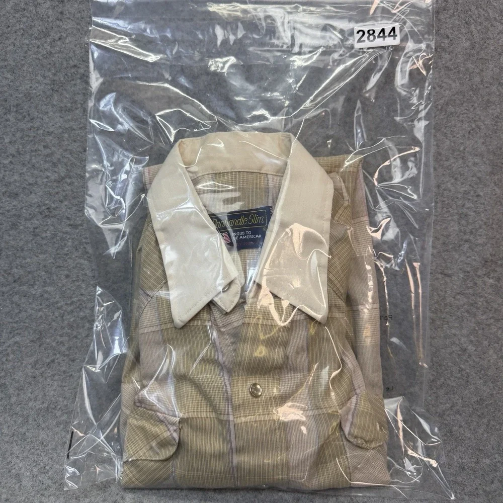 Vtg Panhandle Slim Men M Western Snap-Front Shirt Tan Olive Plaid 15 34 USA 70's